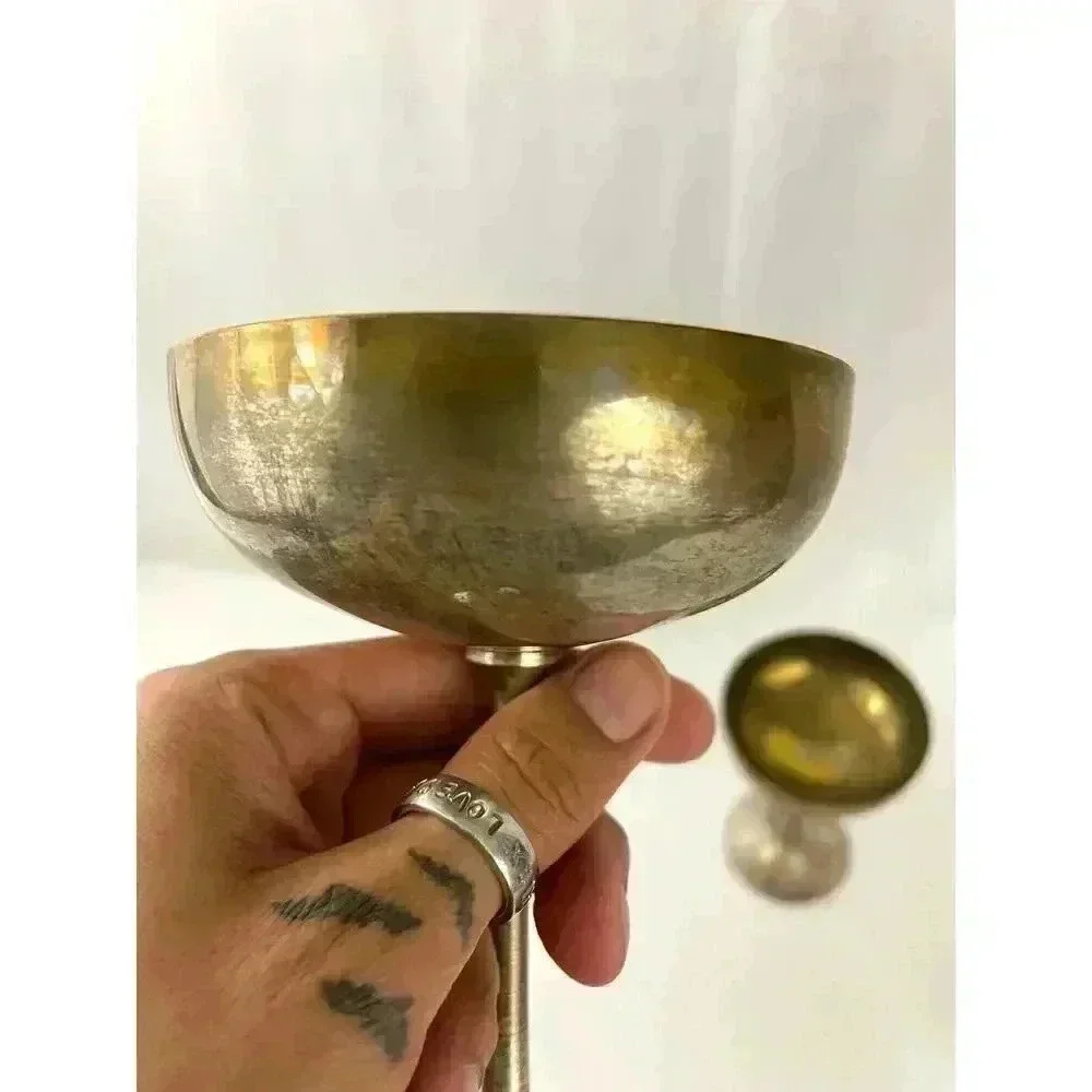 VTG Pair Leonard Silver‎ Toned Brass Tarnished Goblets Chalice